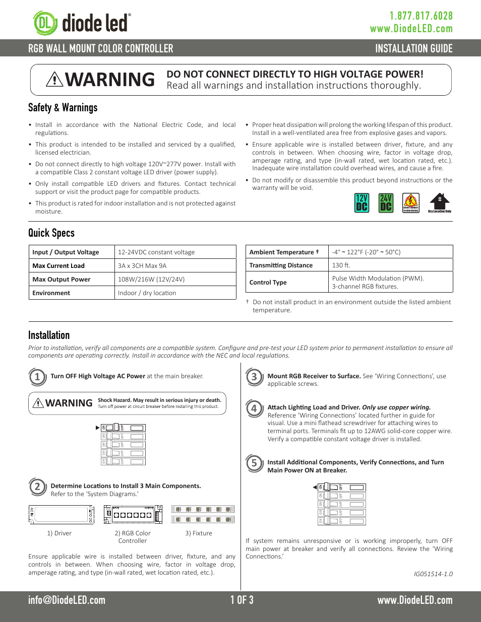 Diode LED Wall Mount RGB Color Controller User Manual | 3 pages