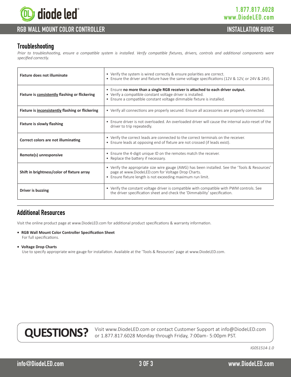 Questions | Diode LED Wall Mount RGB Color Controller User Manual | Page 3 / 3