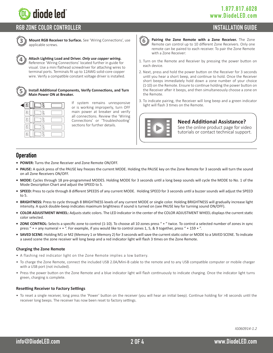 Operation, Need additional assistance | Diode LED RGB Zone Control User Manual | Page 2 / 4