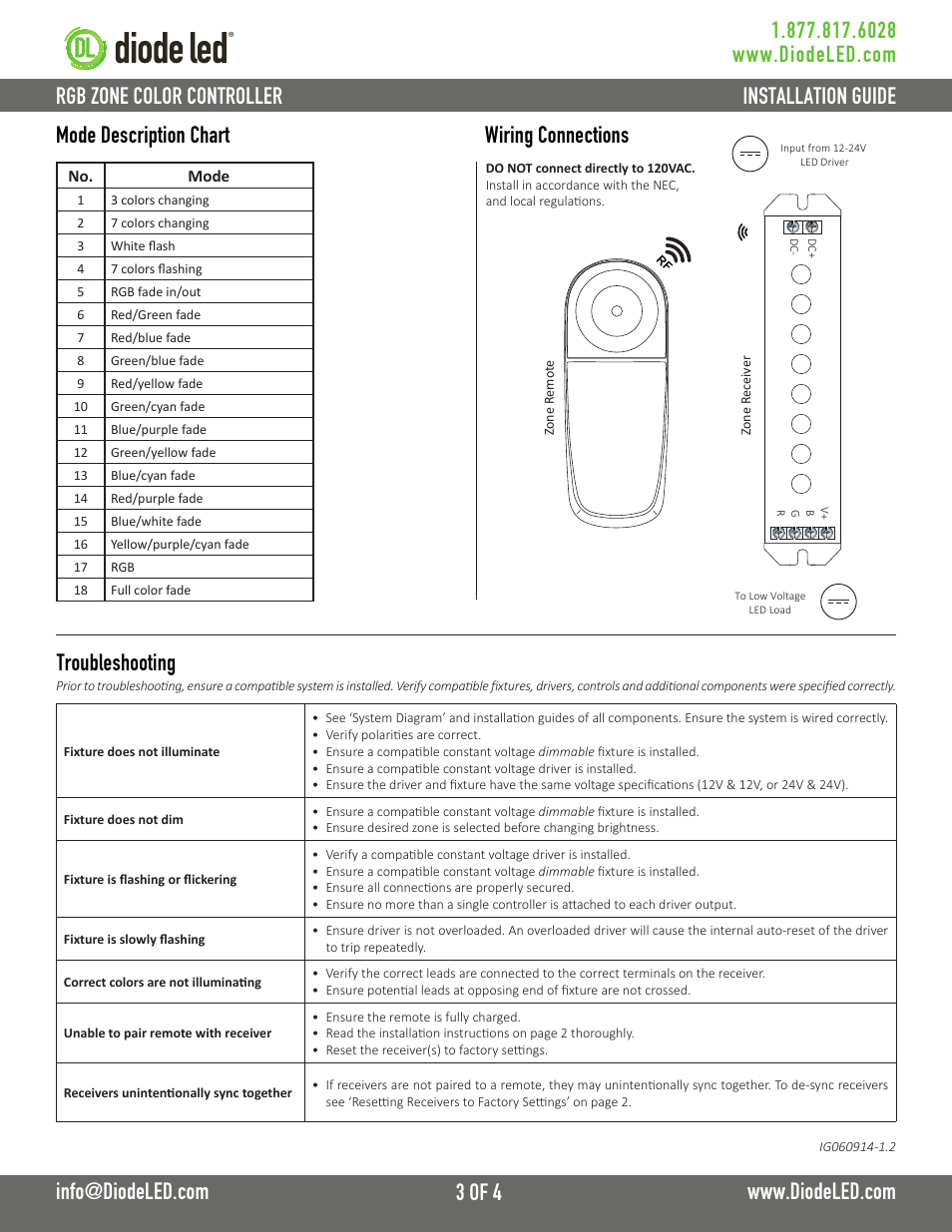 Mode description chart wiring connections, Troubleshooting | Diode LED RGB Zone Control User Manual | Page 3 / 4