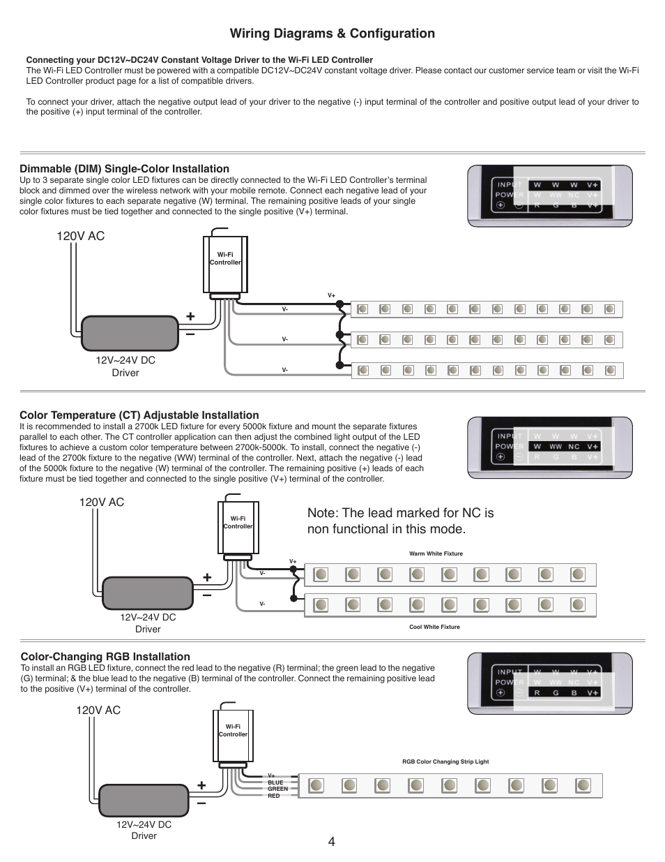 Wiring diagrams & configuration, 120v ac | Diode LED RGB Color & LED Wi-fi User Manual | Page 4 / 7