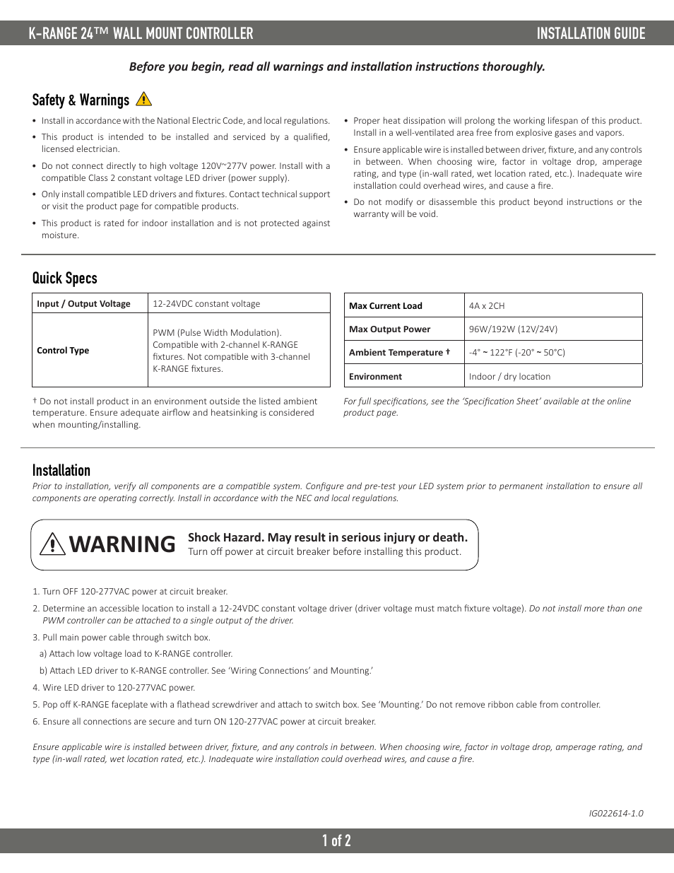 Diode LED K-RANGE 24 Wall Mount Controller User Manual | 2 pages