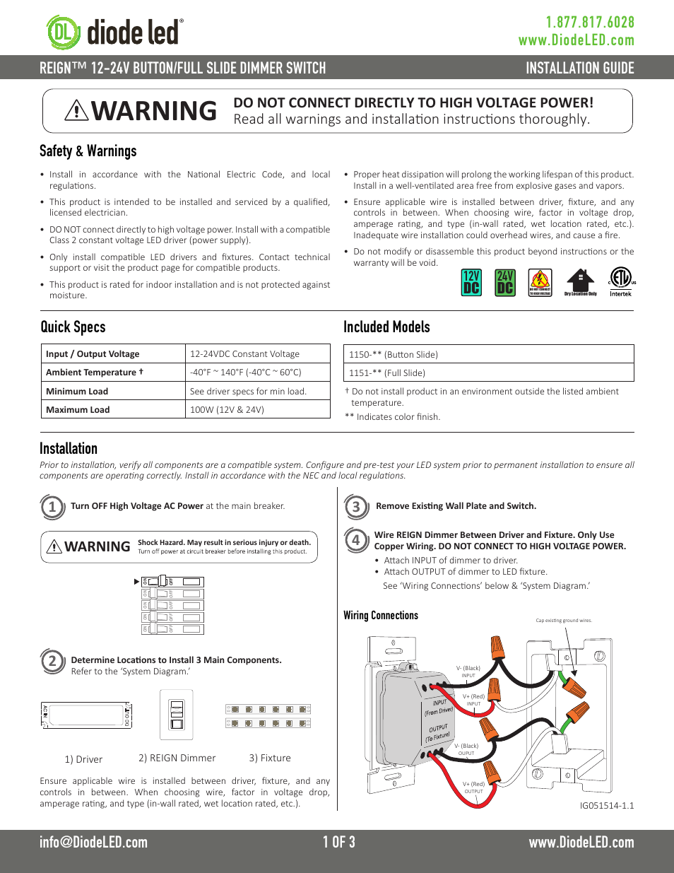 Diode LED REIGN Button/Full Slide Dimmer User Manual | 3 pages