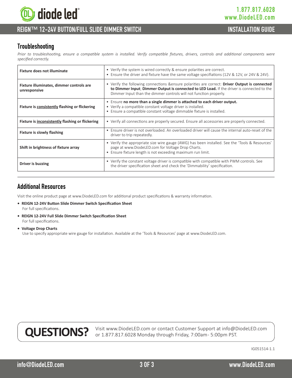 Questions, Additional resources | Diode LED REIGN Button/Full Slide Dimmer User Manual | Page 3 / 3