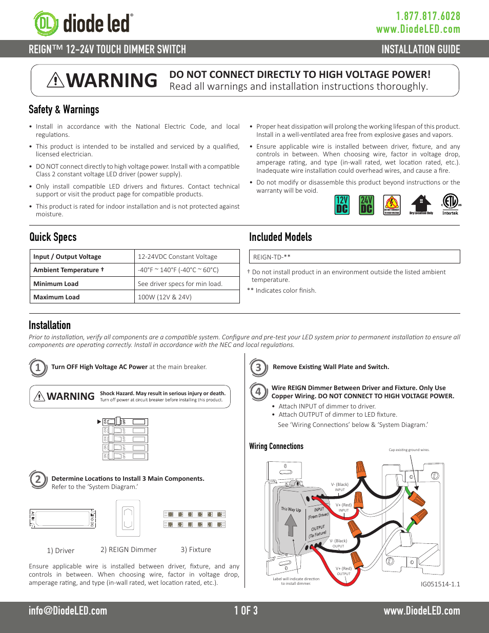 Diode LED REIGN Touch Dimmer User Manual | 3 pages