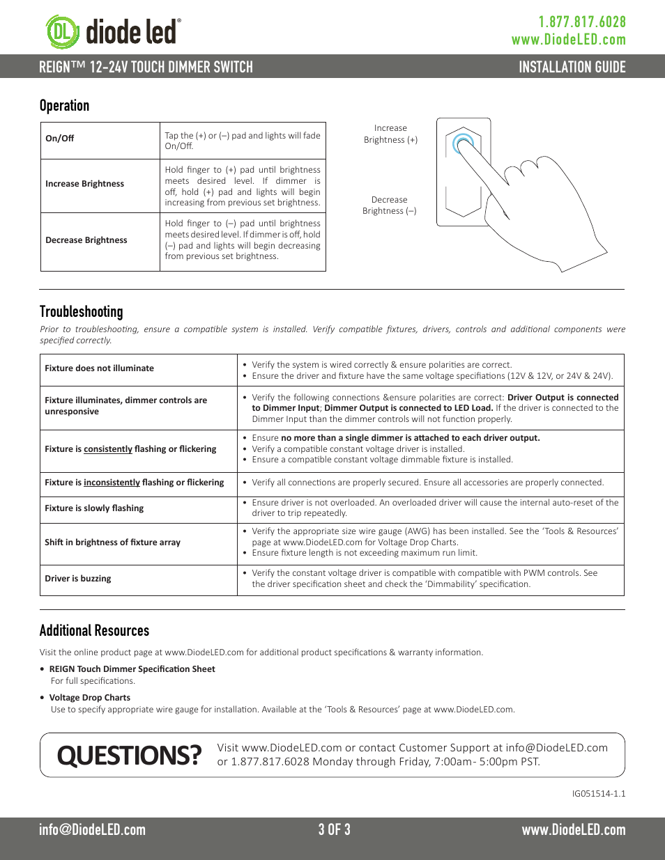 Questions, Operation, Additional resources | Diode LED REIGN Touch Dimmer User Manual | Page 3 / 3