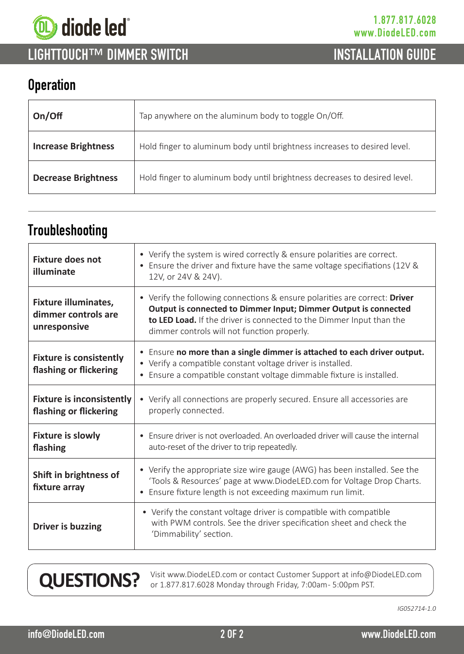 Questions, Installation guide | Diode LED LIGHTTOUCH User Manual | Page 2 / 2