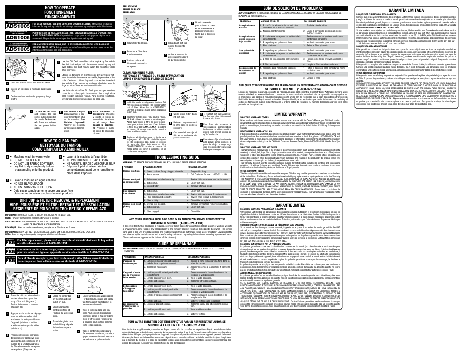 Guide de dèpannage guía de solución de problemas, Troubleshooting guide, How to operate fonctionnement funcionamiento | Garantie limitée, Limited warranty, Garantía limitada | Dirt Devil SD21000RM User Manual | Page 2 / 2