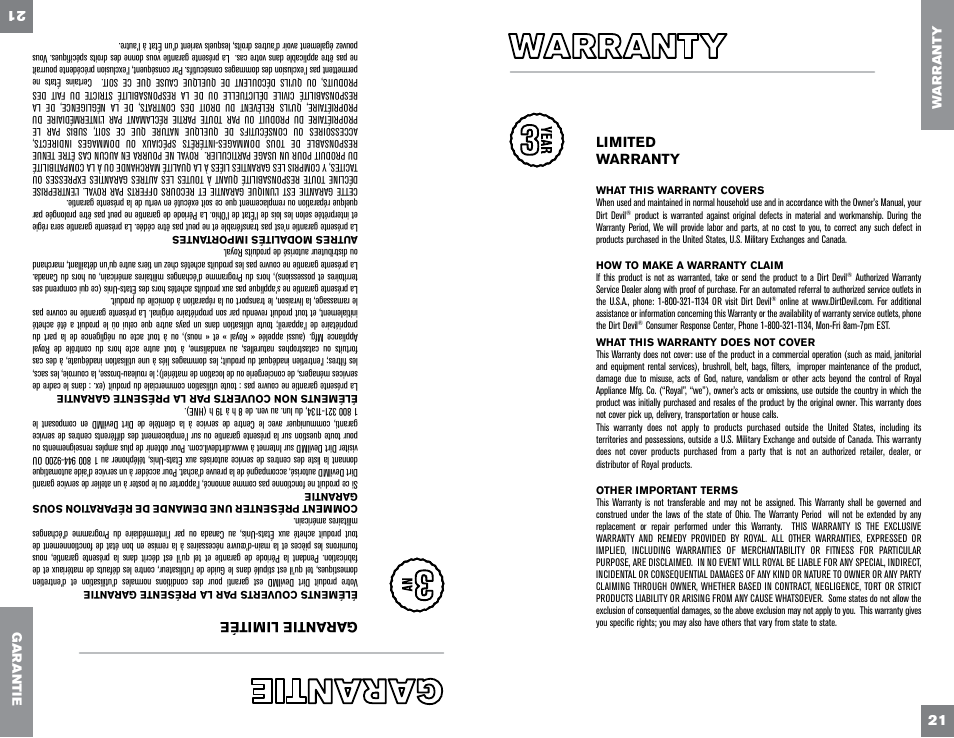 21 garantie li mité e, Limited warranty | Dirt Devil UD70300B User Manual | Page 21 / 34