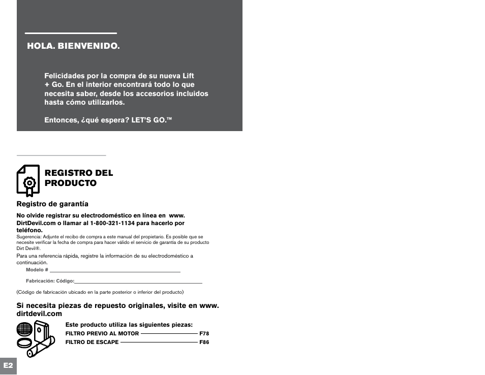 Hola. bienvenido, Registro del producto | Dirt Devil UD70300B User Manual | Page 24 / 34