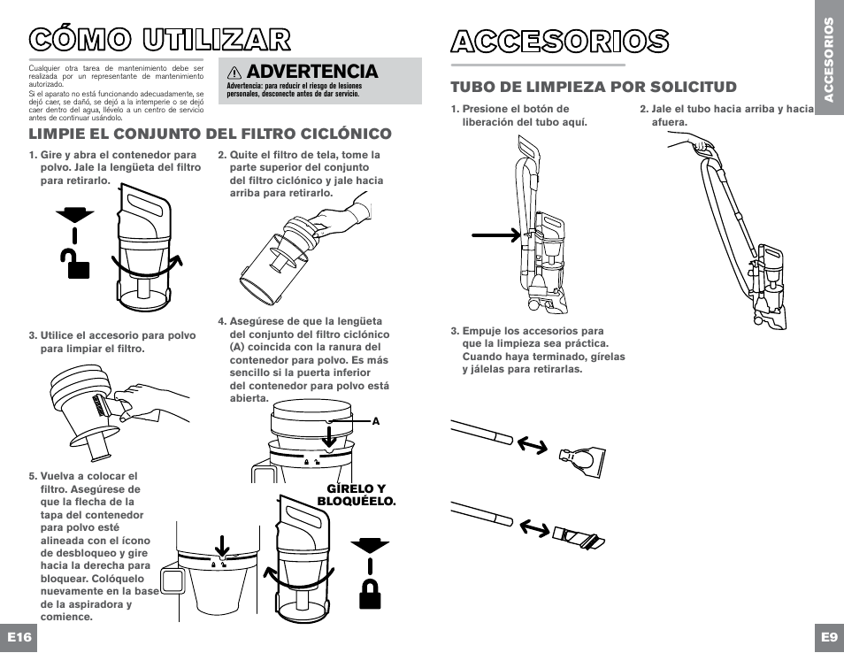 Advertencia, Tubo de limpieza por solicitud, Limpie el conjunto del filtro ciclónico | Dirt Devil UD70300B User Manual | Page 31 / 34