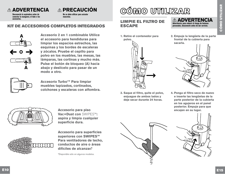 Precaución, Advertencia | Dirt Devil UD70300B User Manual | Page 32 / 34