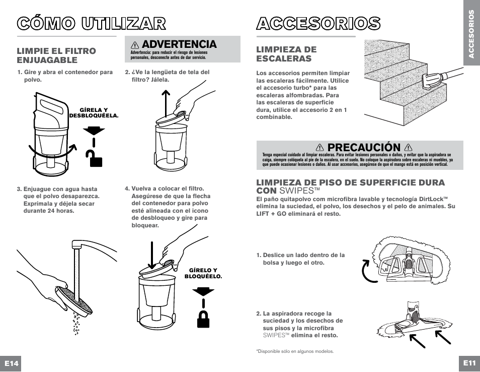 Precaución, Advertencia, Swipes | Limpie el filtro enjuagable | Dirt Devil UD70300B User Manual | Page 33 / 34