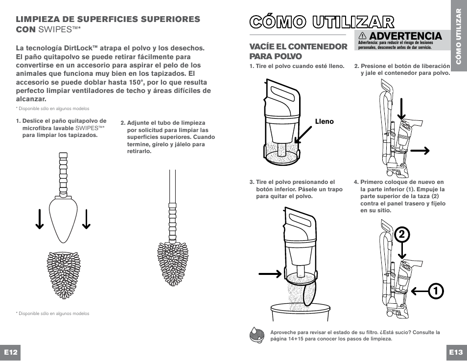 Advertencia, Swipes | Dirt Devil UD70300B User Manual | Page 34 / 34