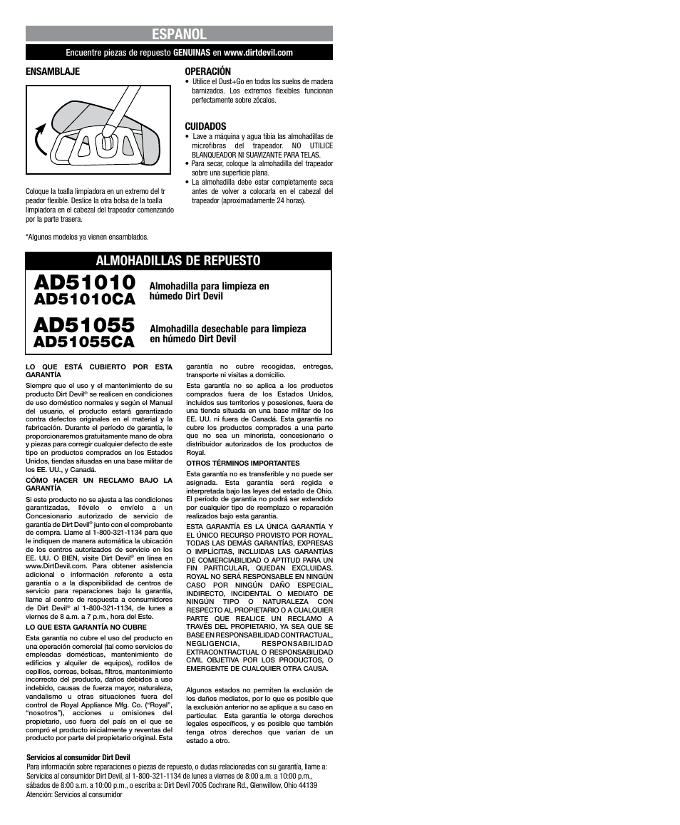 Espanol, Almohadillas de repuesto, Almohadilla para limpieza en húmedo dirt devil | Ensamblaje, Operación, Cuidados | Dirt Devil PD11050PC User Manual | Page 2 / 2
