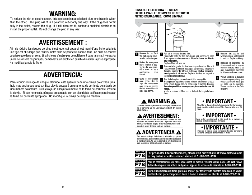 Avertissement, Advertencia, Warning | Important, Importante | Dirt Devil UD70250B User Manual | Page 10 / 18