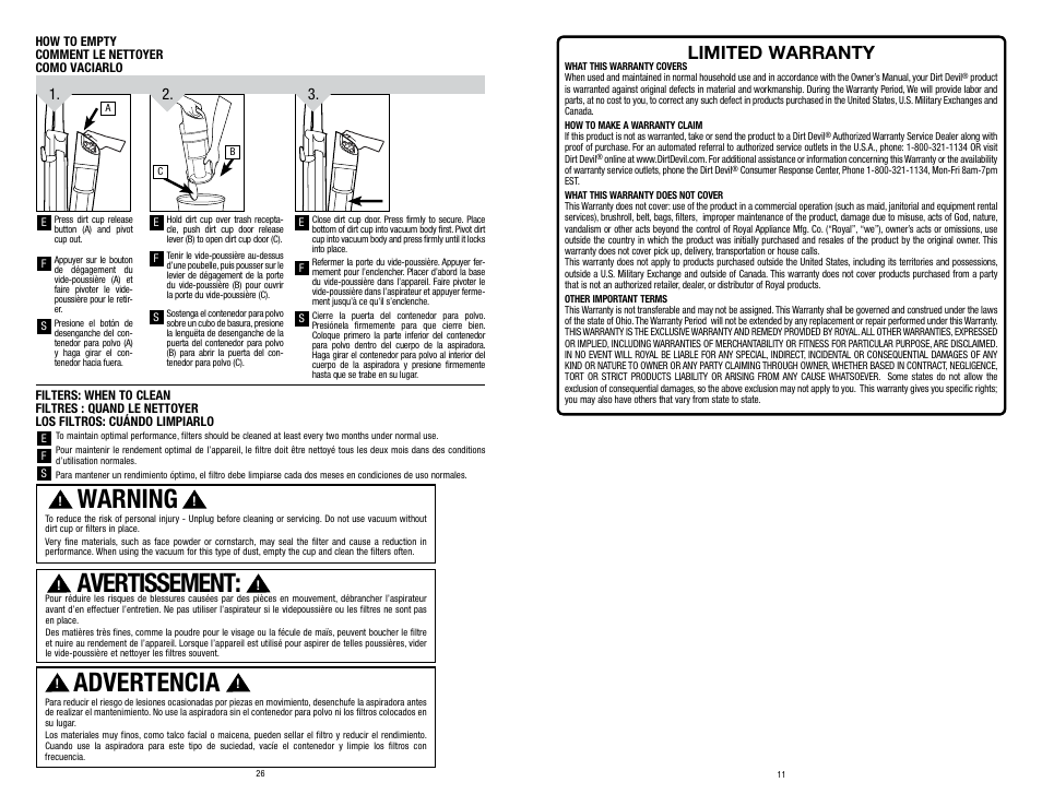 Warning, Avertissement, Advertencia | Limited warranty | Dirt Devil UD70250B User Manual | Page 11 / 18