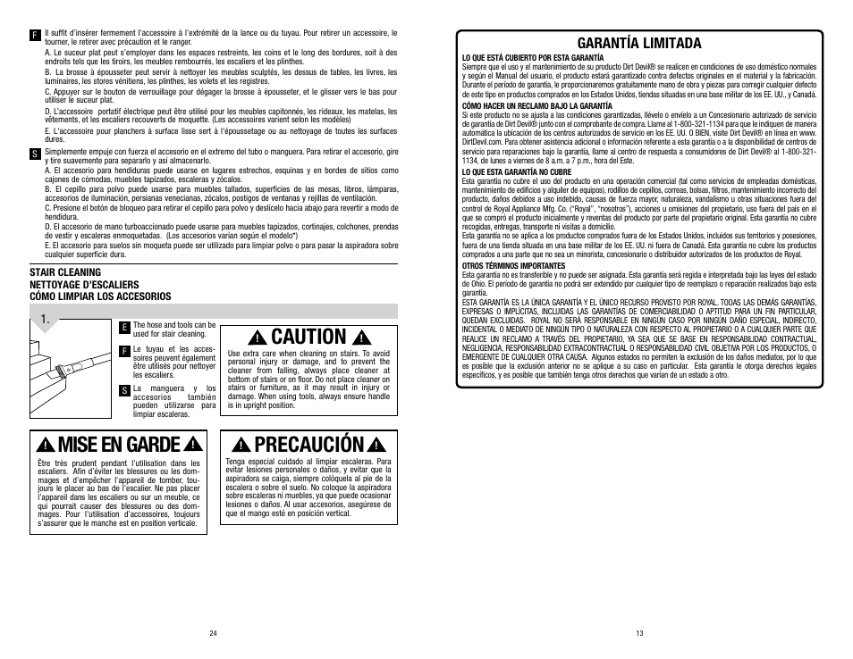 Caution, Mise en garde, Precaución | Garantía limitada | Dirt Devil UD70250B User Manual | Page 13 / 18