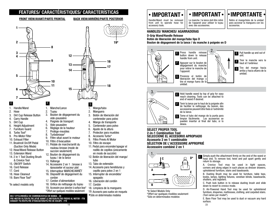 Important, Important importante, Features/ caractéristiques/ características | Dirt Devil UD70250B User Manual | Page 14 / 18