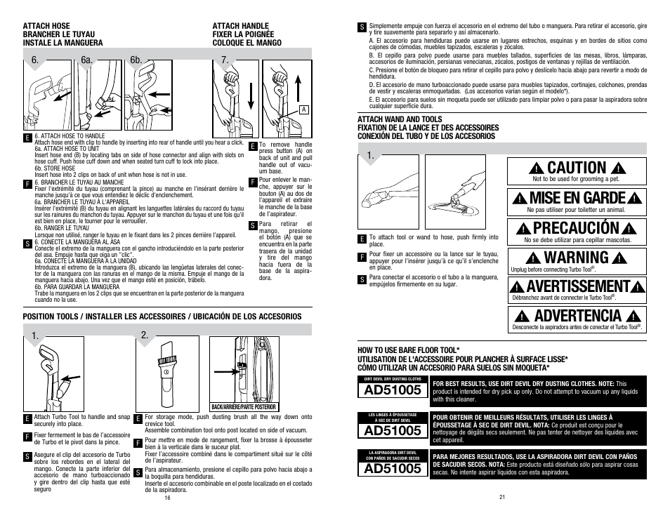 Caution, Mise en garde, Precaución | Warning, Avertissement, Advertencia, 6. 6a. 6b | Dirt Devil UD70250B User Manual | Page 16 / 18