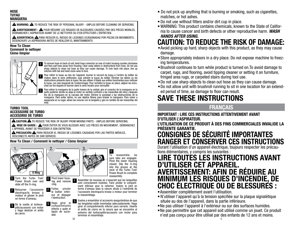 Caution: to reduce the risk of damage, Save these instructions, Français | Dirt Devil UD70250B User Manual | Page 5 / 18