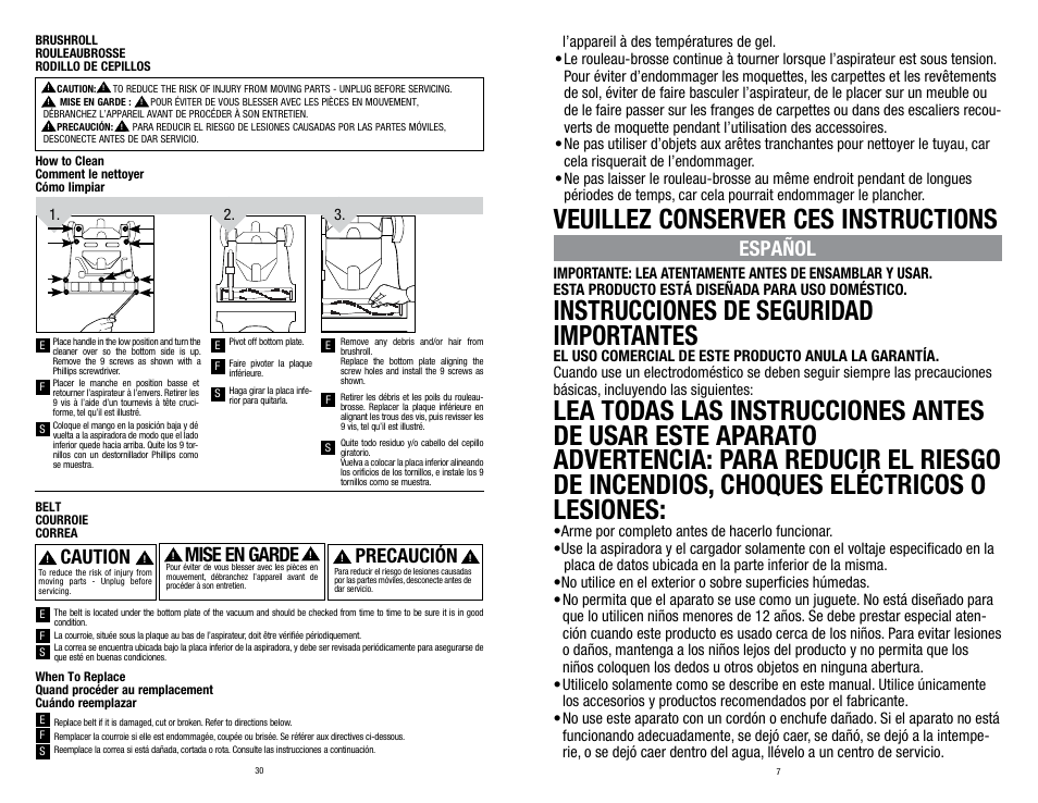 Instrucciones de seguridad importantes, Veuillez conserver ces instructions, Español | Caution, Mise en garde, Precaución | Dirt Devil UD70250B User Manual | Page 7 / 18
