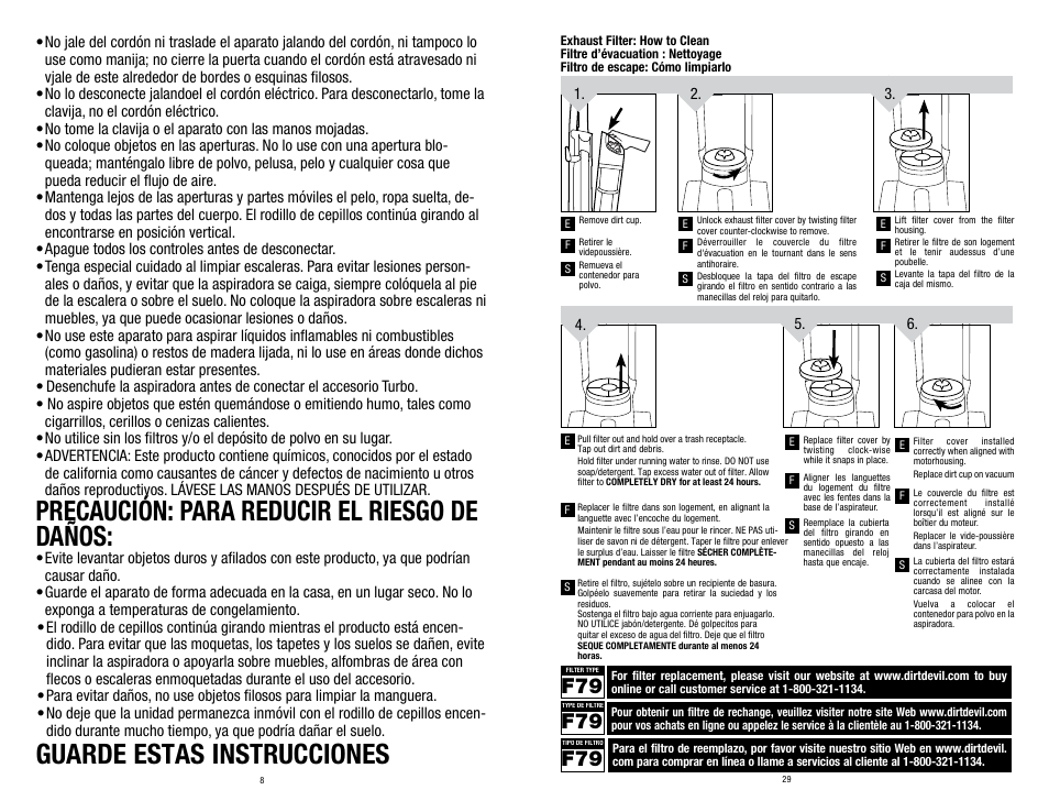 Precaución: para reducir el riesgo de daños, Guarde estas instrucciones | Dirt Devil UD70250B User Manual | Page 8 / 18