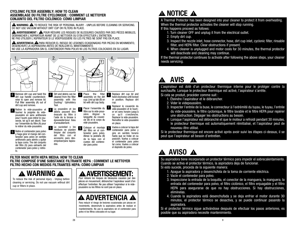 Notice, Avis, Aviso | Warning, Avertissement, Advertencia | Dirt Devil UD70250B User Manual | Page 9 / 18