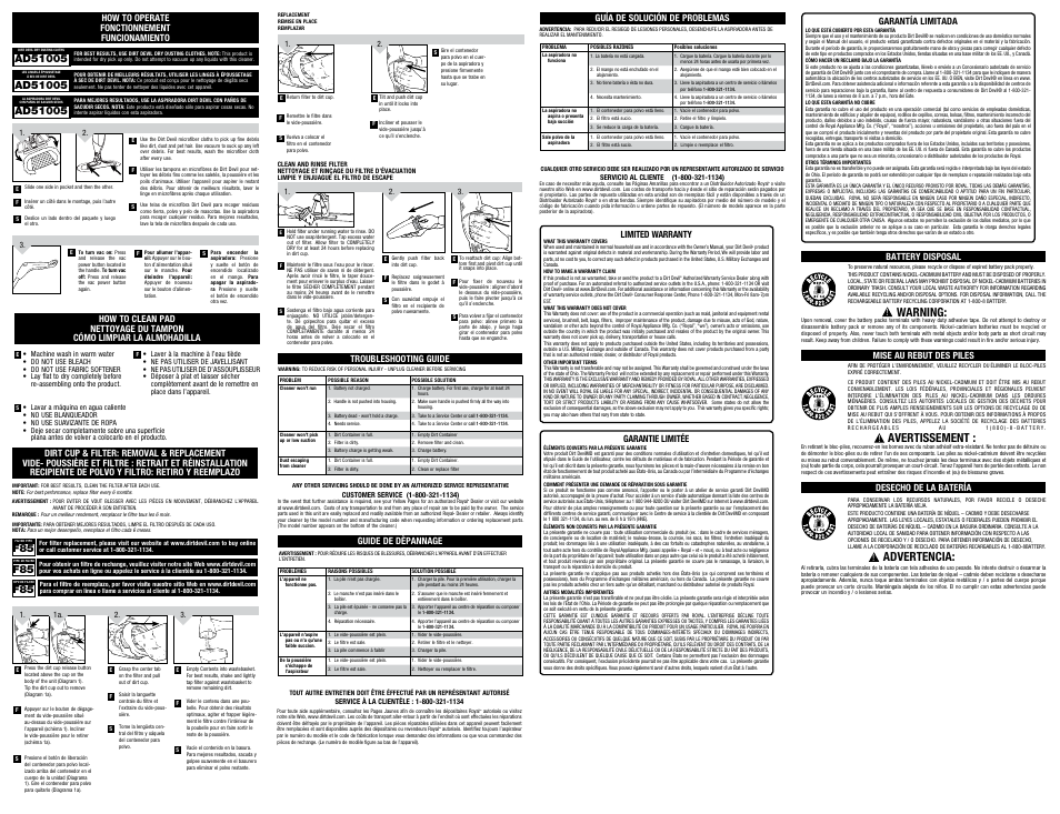 Advertencia, Avertissement, Warning | Dirt Devil BD21005RM User Manual | Page 2 / 2