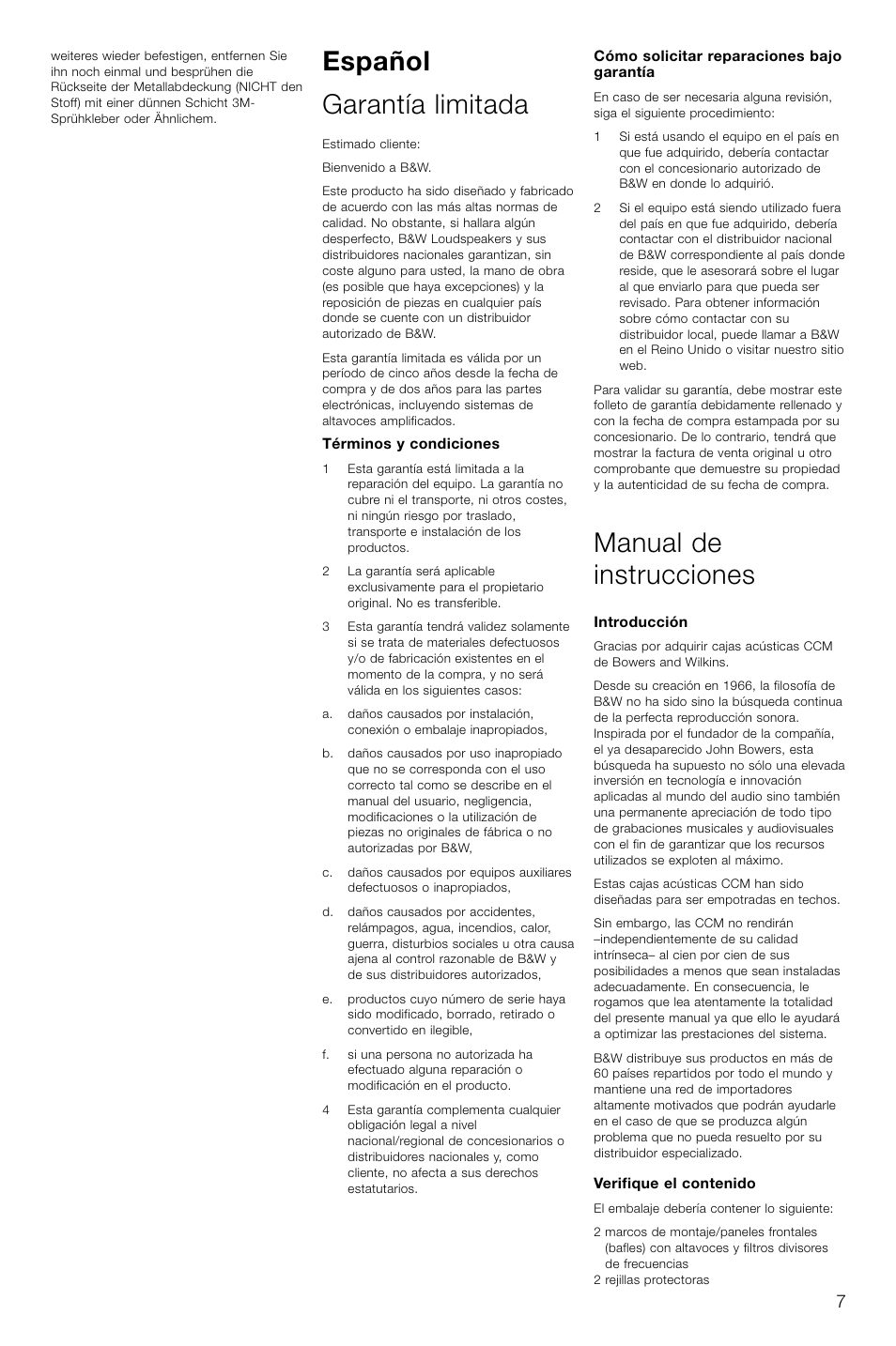 Español garantía limitada, Manual de instrucciones | Bowers & Wilkins CCM616 User Manual | Page 10 / 34