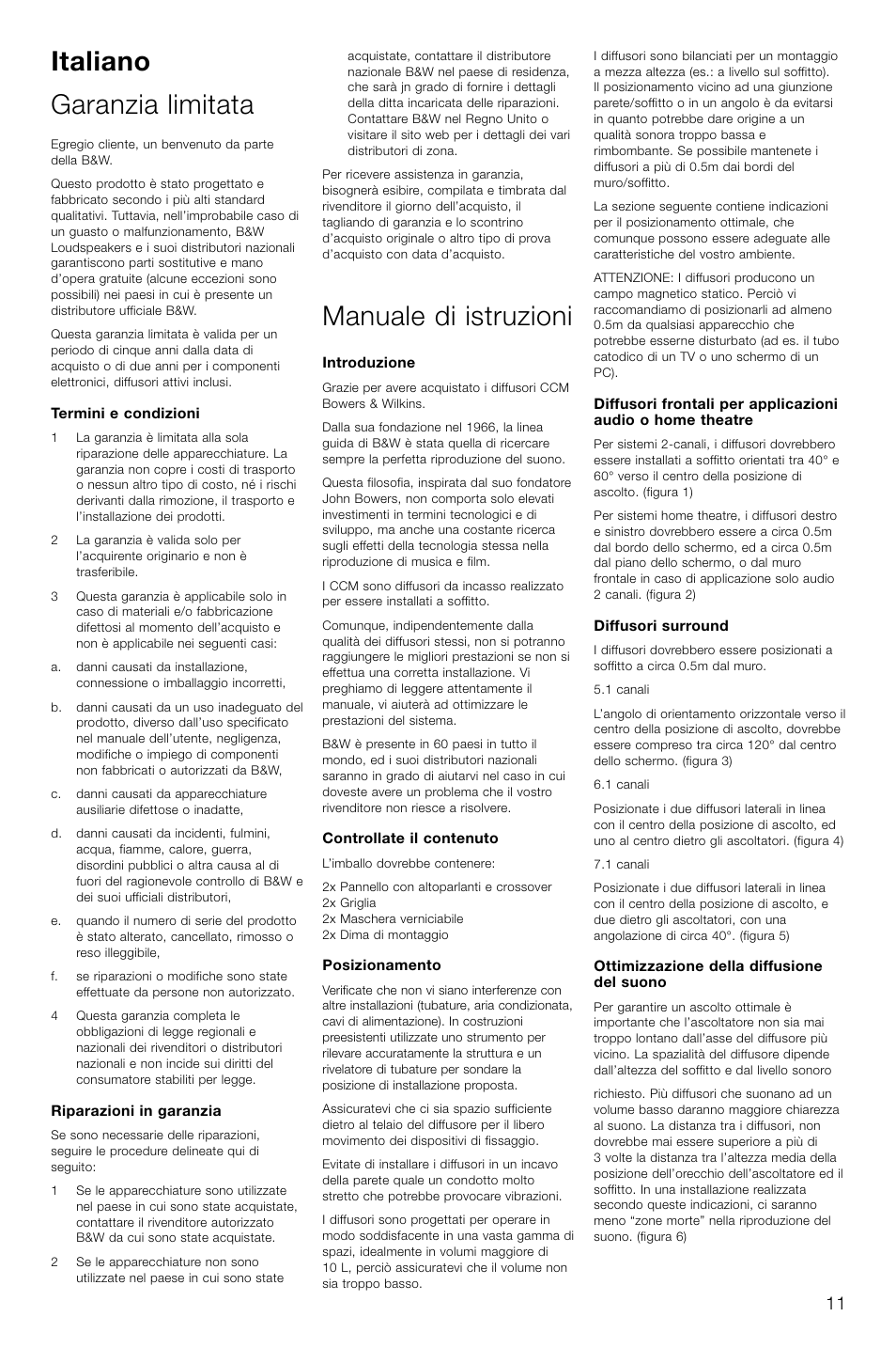 Italiano garanzia limitata, Manuale di istruzioni | Bowers & Wilkins CCM616 User Manual | Page 14 / 34