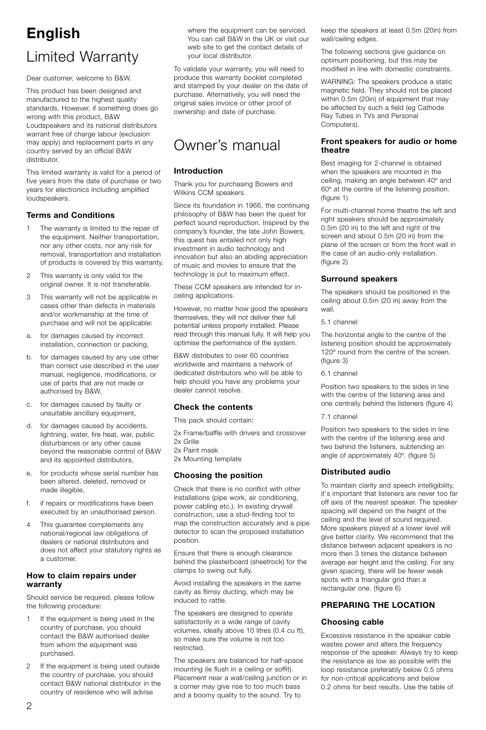 English limited warranty, Owner’s manual | Bowers & Wilkins CCM616 User Manual | Page 5 / 34