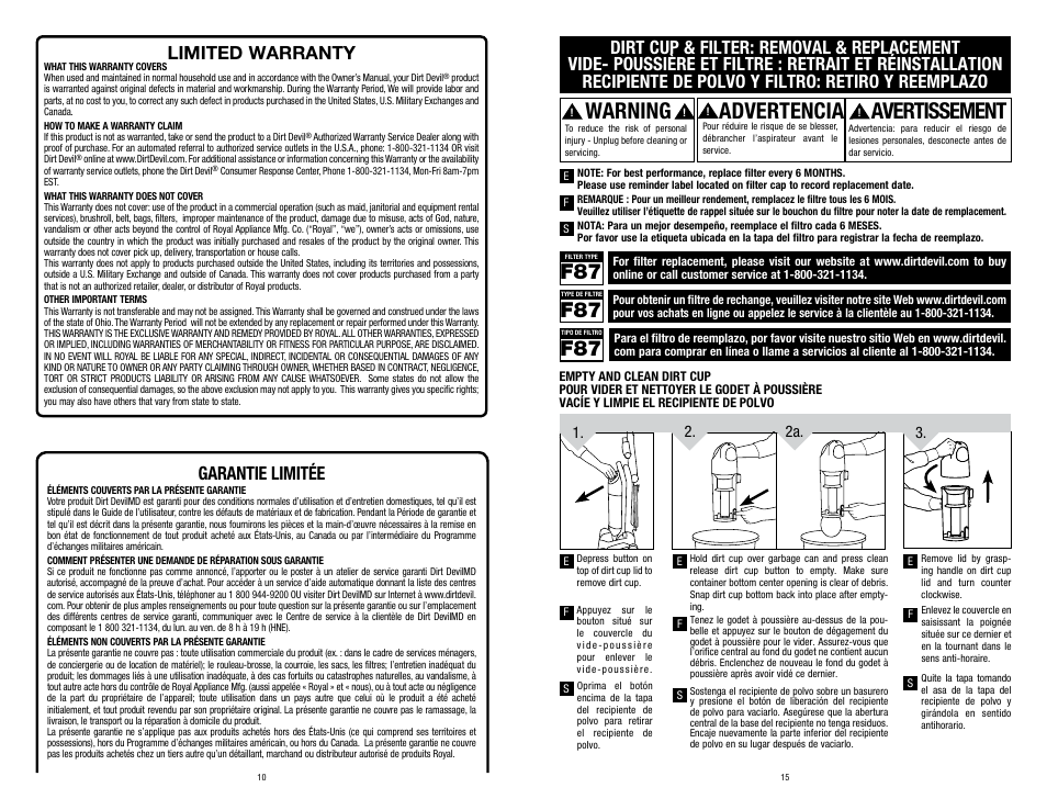 Warning, Avertissement, Advertencia | Limited warranty, Garantie limitée, 1. 2a. 2 | Dirt Devil UD70210 User Manual | Page 10 / 12