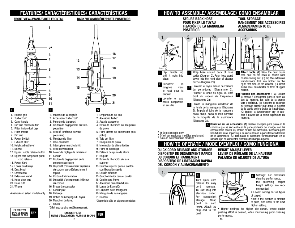 Features/ caractéristiques/ características | Dirt Devil UD70210 User Manual | Page 12 / 12
