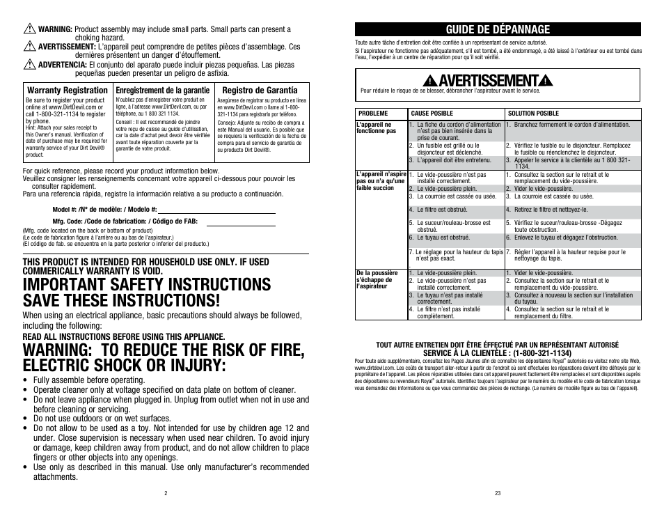 Avertissement, Guide de dépannage | Dirt Devil UD70210 User Manual | Page 2 / 12