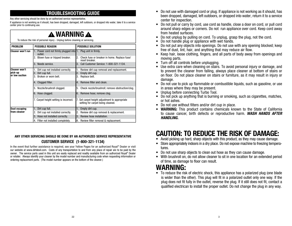 Caution: to reduce the risk of damage, Warning, Troubleshooting guide | Dirt Devil UD70210 User Manual | Page 3 / 12