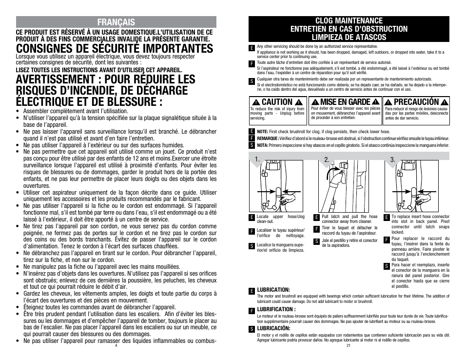 Consignes de sécurité importantes, Français, Caution | Mise en garde, Precaución | Dirt Devil UD70210 User Manual | Page 4 / 12