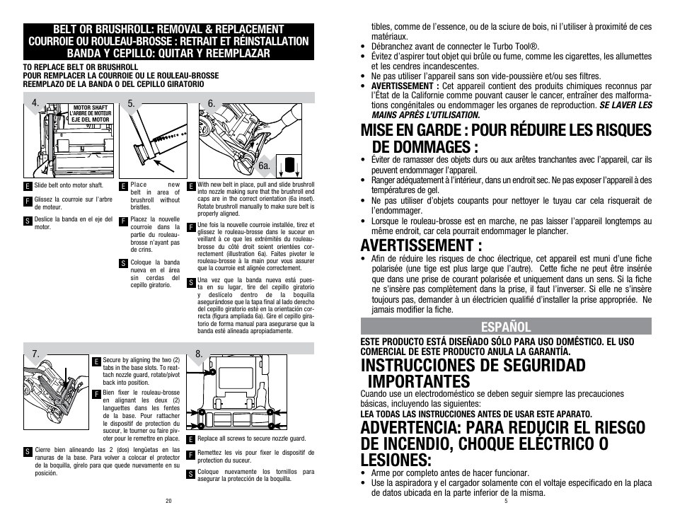 Instrucciones de seguridad importantes, Avertissement, Español | Dirt Devil UD70210 User Manual | Page 5 / 12