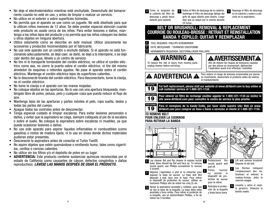 Warning, Avertissement, Advertencia | Dirt Devil UD70210 User Manual | Page 6 / 12