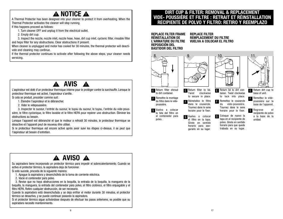 Notice, Avis, Aviso | Dirt Devil UD70210 User Manual | Page 8 / 12
