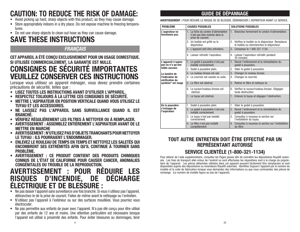 Caution: to reduce the risk of damage, Save these instructions, Consignes de sécurité importantes | Veuillez conserver ces instructions, Français | Dirt Devil UD20005 User Manual | Page 4 / 14