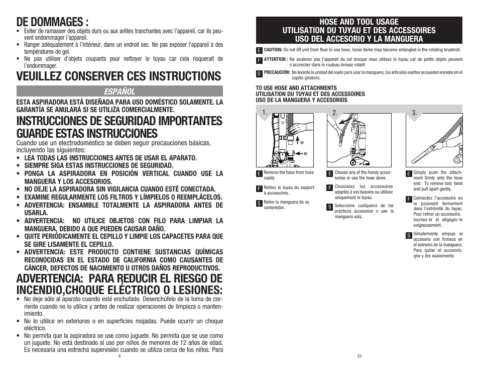 De dommages, Veuillez conserver ces instructions, Español | Dirt Devil UD20005 User Manual | Page 6 / 14