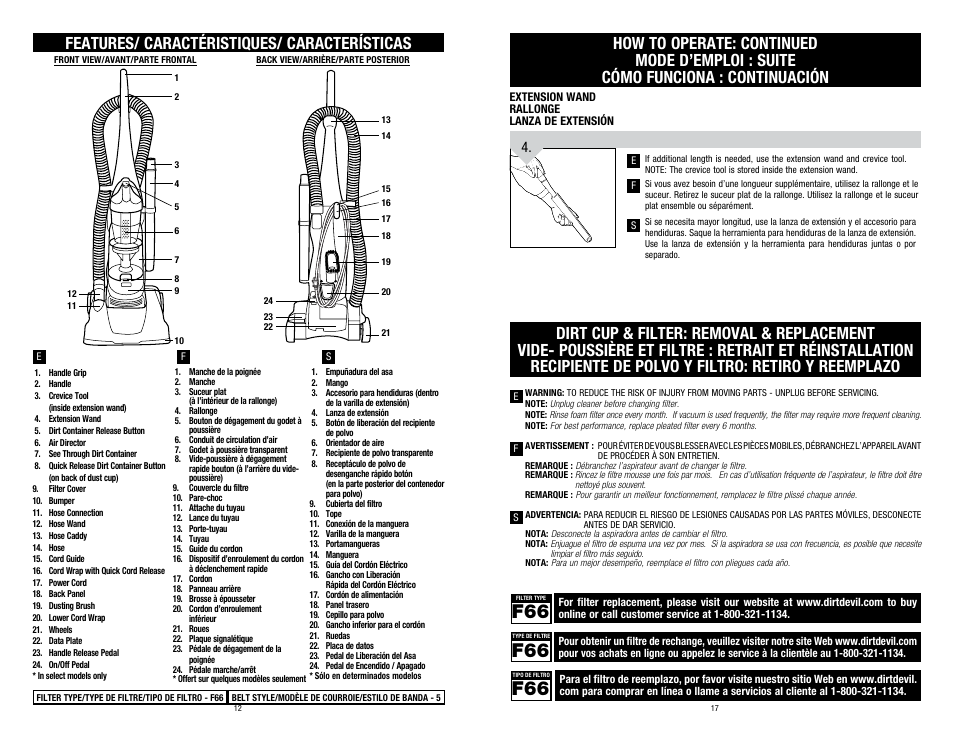 Features/ caractéristiques/ características | Dirt Devil UD70107 User Manual | Page 12 / 14