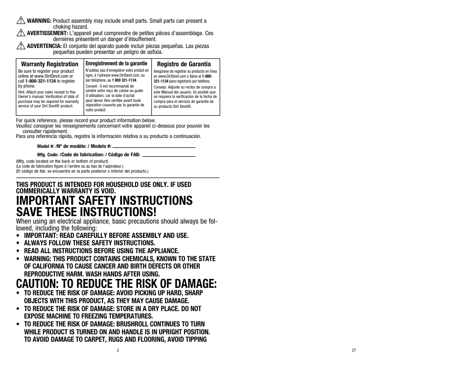 Caution: to reduce the risk of damage | Dirt Devil UD70107 User Manual | Page 2 / 14
