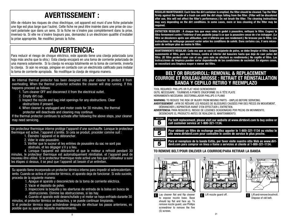 Advertencia, Avertissement | Dirt Devil UD70107 User Manual | Page 8 / 14