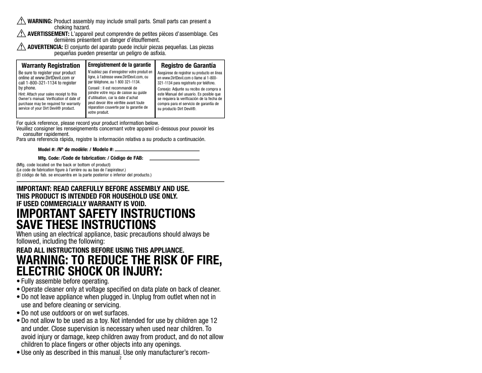 Dirt Devil UD70150 User Manual | Page 2 / 14