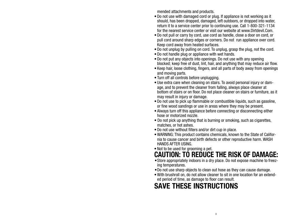 Caution: to reduce the risk of damage, Save these instructions | Dirt Devil UD70150 User Manual | Page 3 / 14