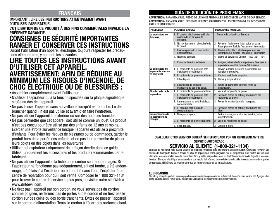 Français, Guía de solución de problemas | Dirt Devil UD70150 User Manual | Page 4 / 14