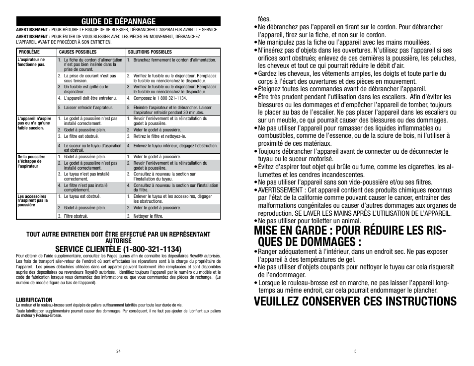 Veuillez conserver ces instructions, Guide de dépannage | Dirt Devil UD70150 User Manual | Page 5 / 14