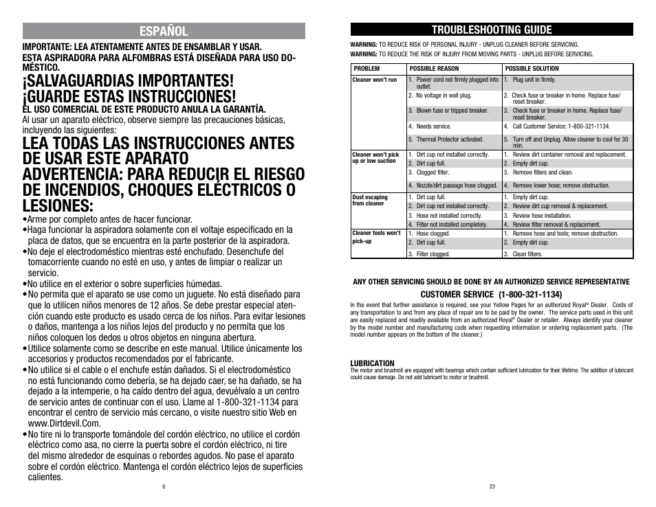 Español, Troubleshooting guide | Dirt Devil UD70150 User Manual | Page 6 / 14